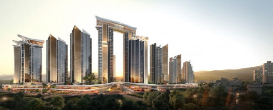 현대건설은 이 아파트 주차 대수를 세대당 2.5대 수준으로 제안했지만, 해운대구는 세대당 1.2대 수준으로 줄이라고 권고한 것으로 알려졌다. 사진은 부산 해운대구 우동3구역 재개발 조감도.  현대건설 제공